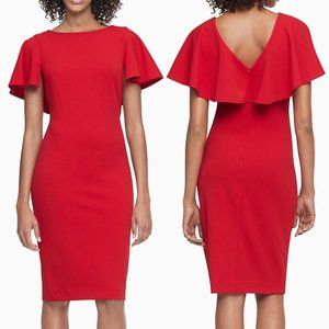 NWT Calvin Klein Red Stretch Crepe Flutter Sleeve Cape Dress
